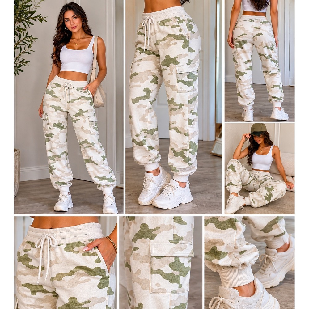Sundry Camo Cargo Joggers Womens 0 White Green Drawstring Soft Knit Sweatpants